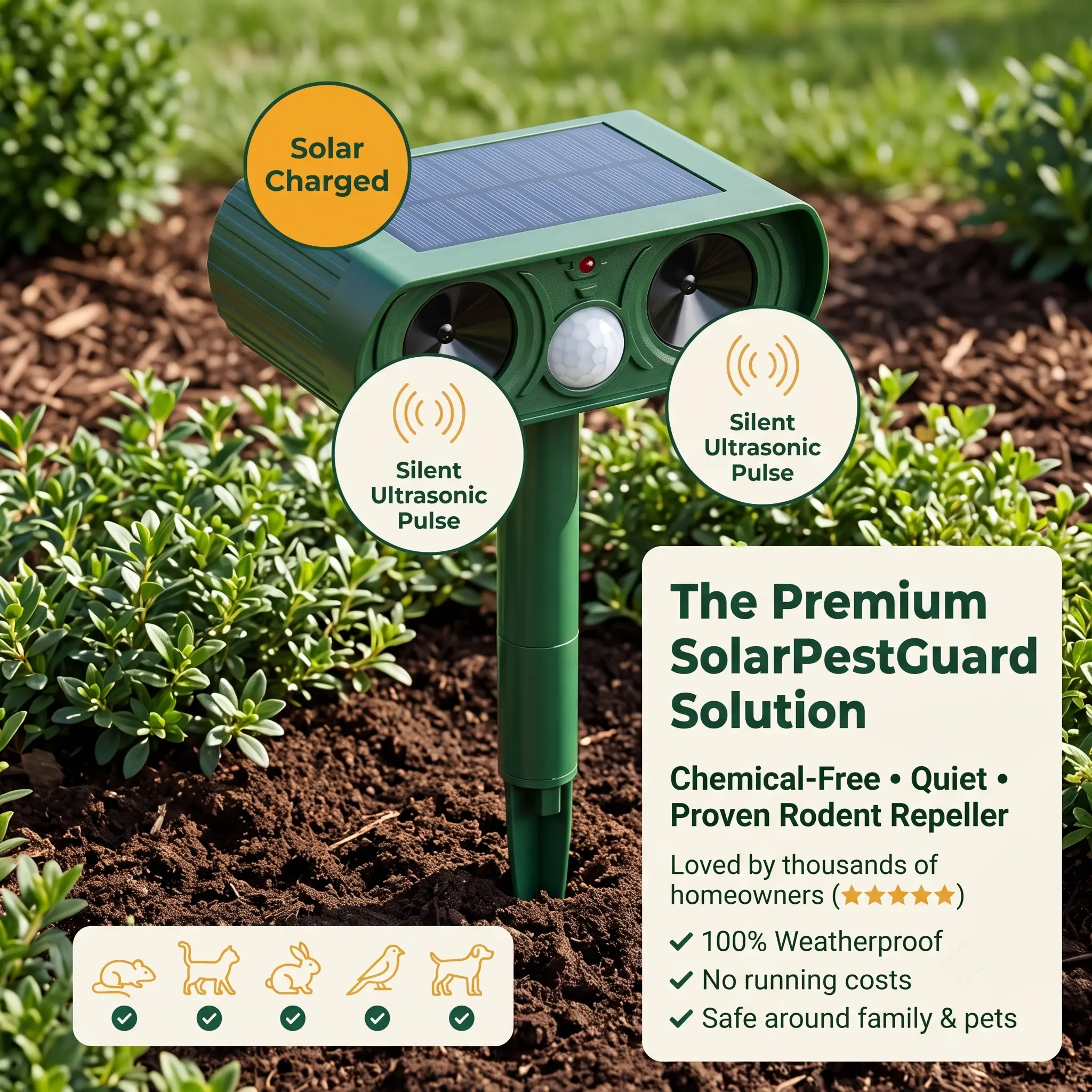 SolarPestGuard ultrasonic repeller with solar-charged badge in a garden