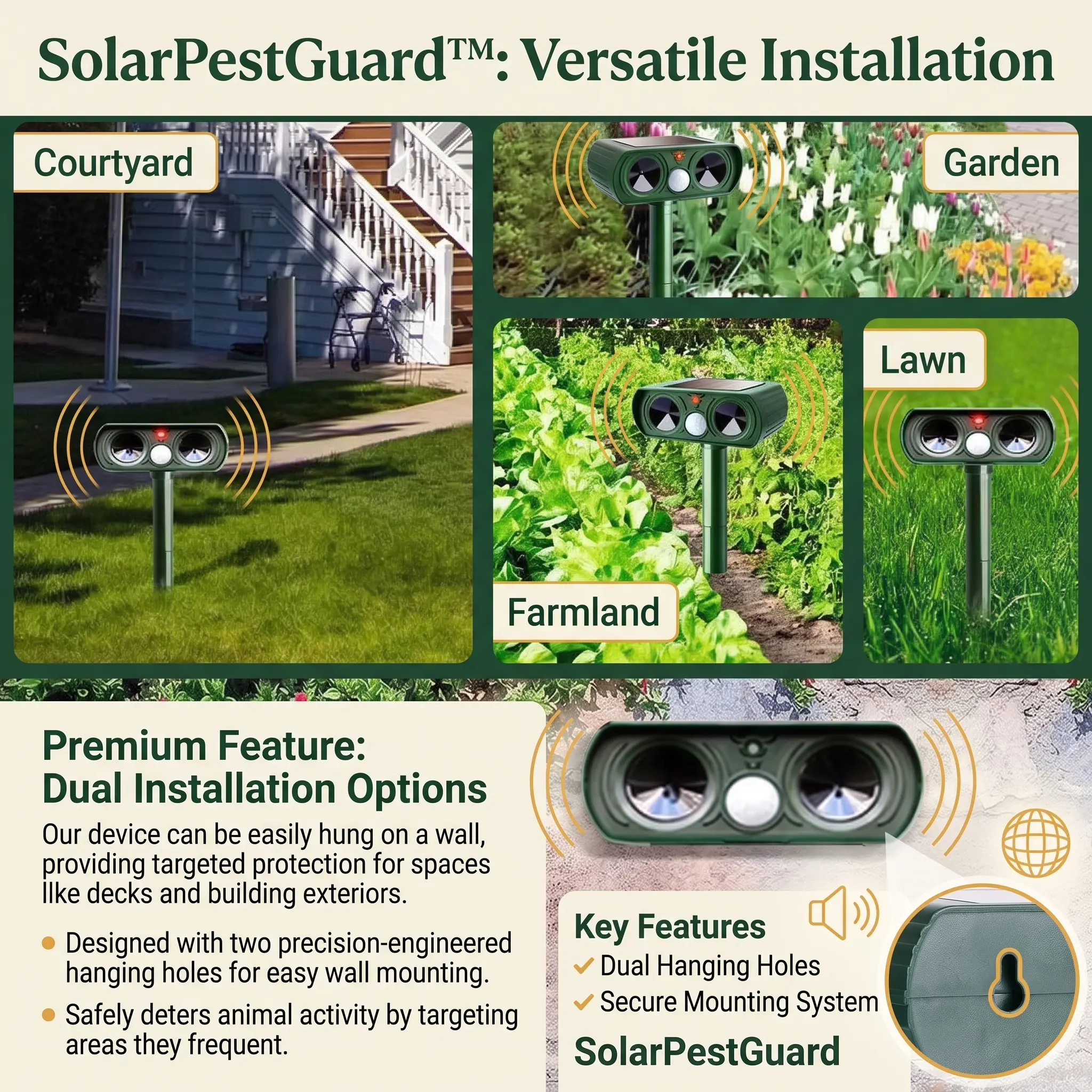 SolarPestGuard installed across courtyard, garden, lawn and farmland settings