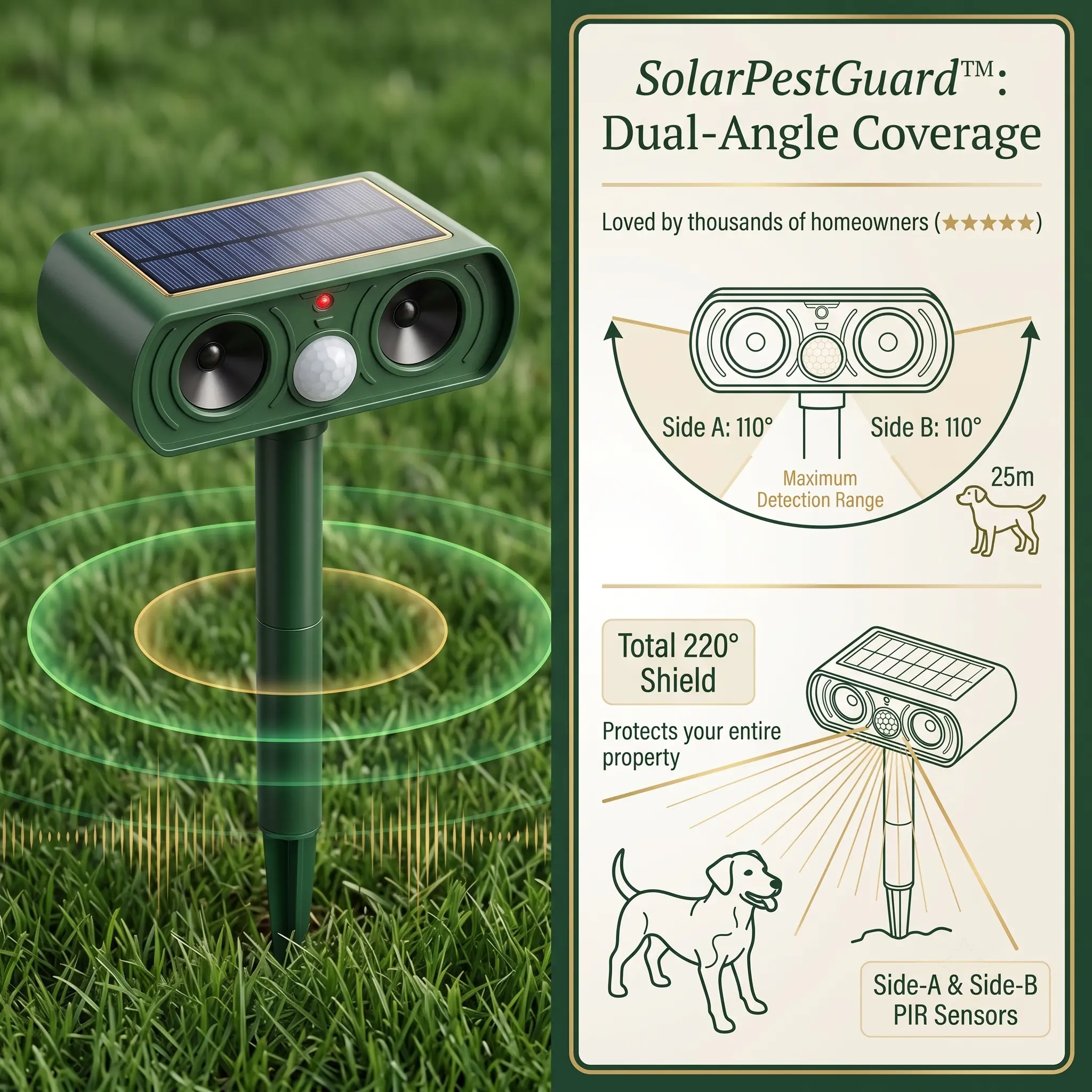 Diagram of SolarPestGuard 220-degree dual-angle detection coverage